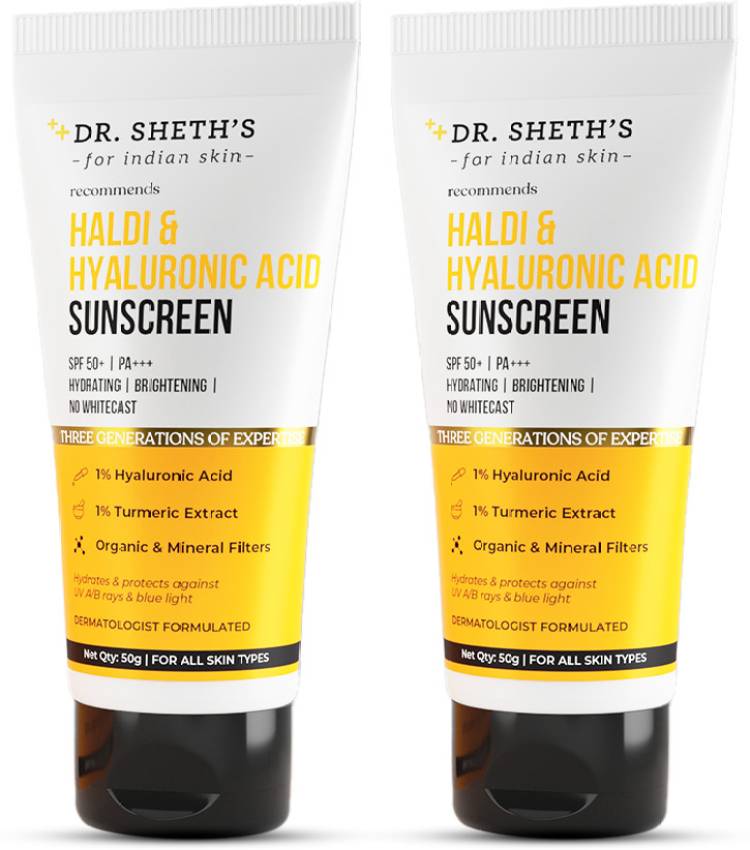 Dr. Sheth's Haldi & Hyaluronic Acid Sunscreen | Hydrating SPF 50+ PA+++| Pack of 2 - SPF 50 PA+++ Price in India