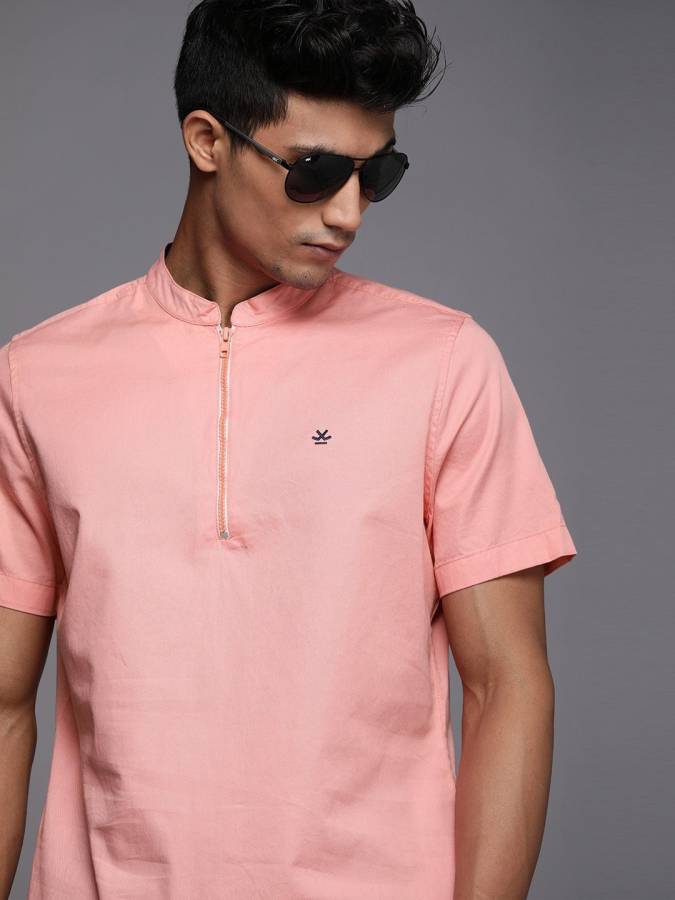 Solid Men Mandarin Collar Pink T-Shirt Price in India