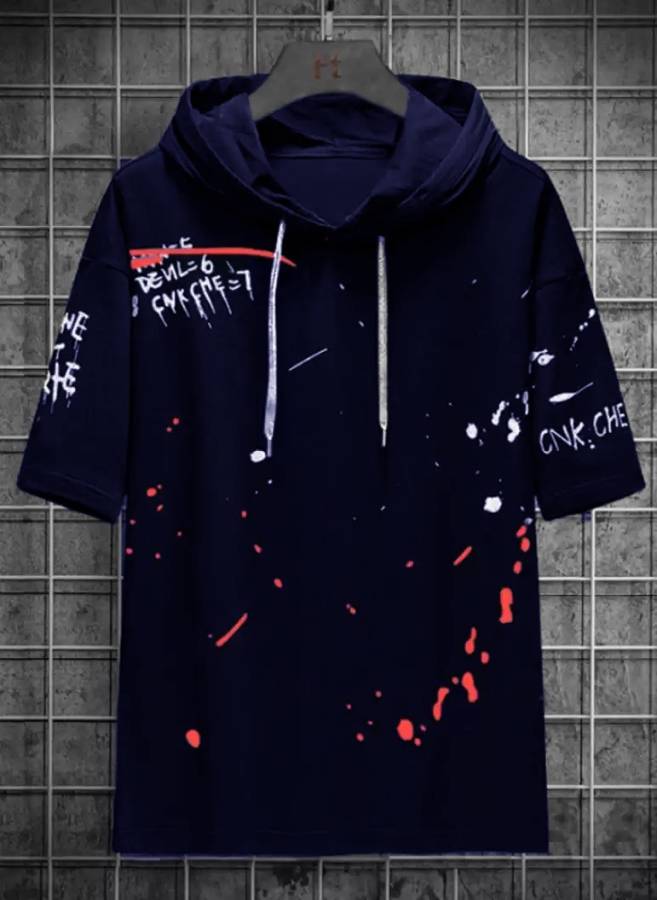 Printed Men Hooded Neck Blue T-Shirt Price in India