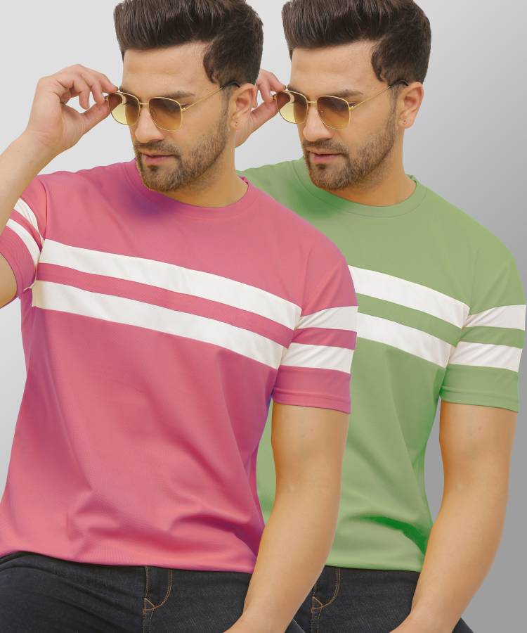 Pack of 2 Striped Men Round Neck Green, Pink T-Shirt Price in India