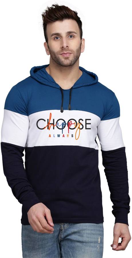 Color Block Men Hooded Neck Blue T-Shirt Price in India