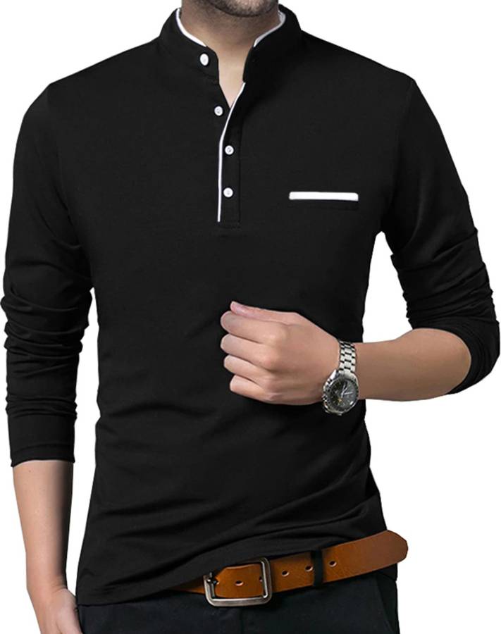 Men Solid Henley Neck Black T-Shirt Price in India
