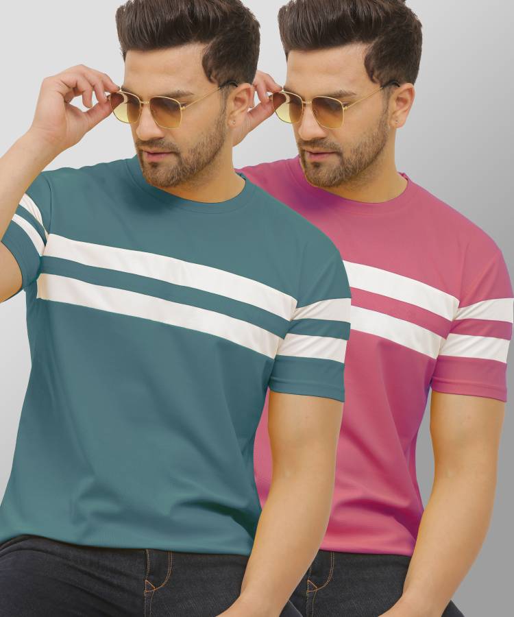 Pack of 2 Men Striped Round Neck Blue, Pink T-Shirt Price in India