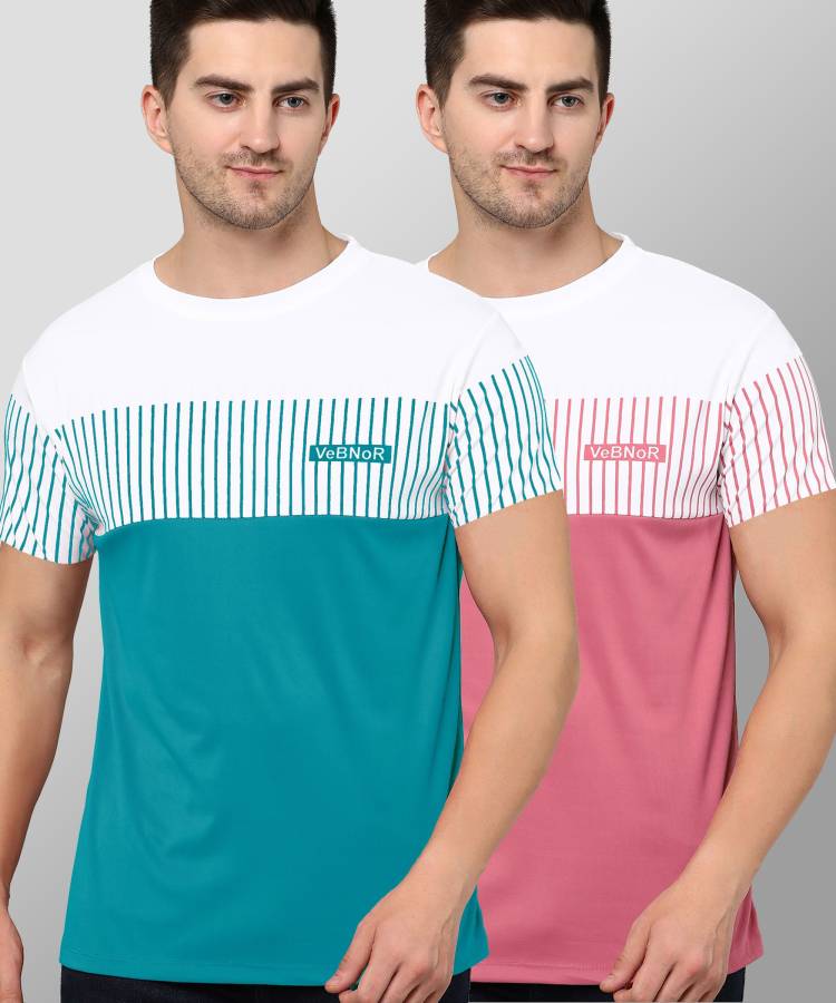 Men Striped Round Neck Blue, Pink T-Shirt Price in India