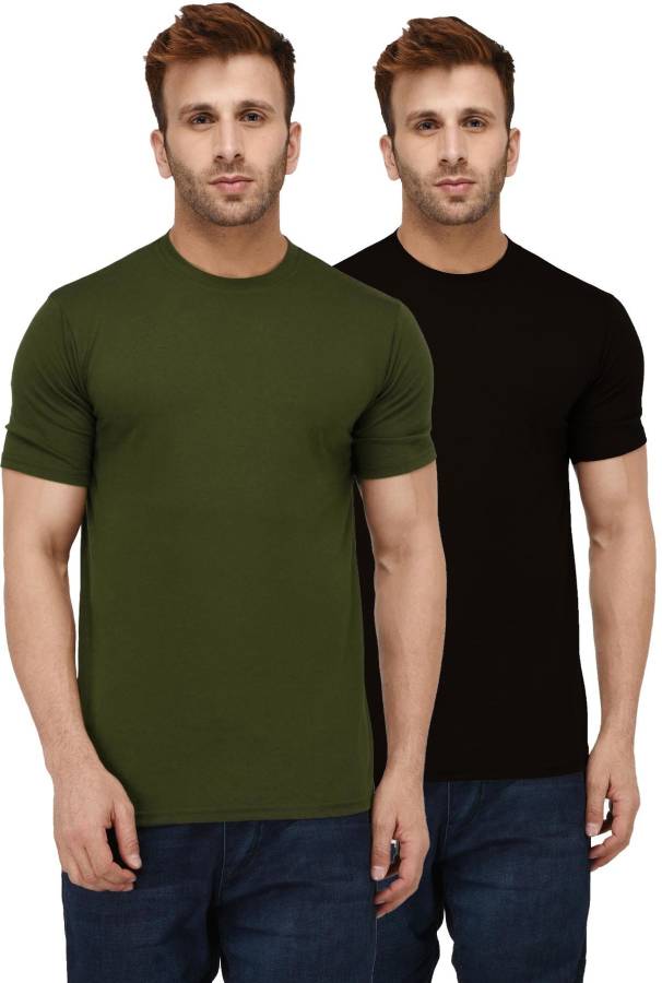Pack of 2 Men Solid Round Neck Dark Green, Black T-Shirt Price in India