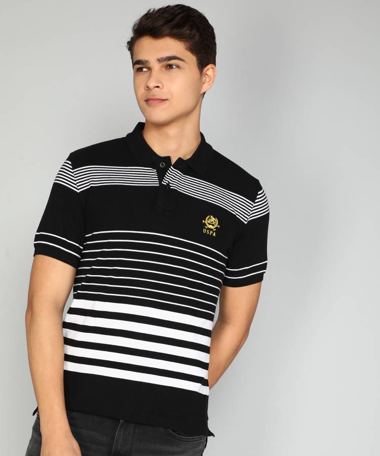 Striped Men Polo Neck Black T-Shirt Price in India