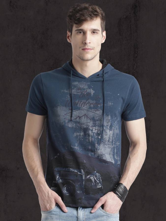Graphic Print Men Hooded Neck Blue T-Shirt Price in India