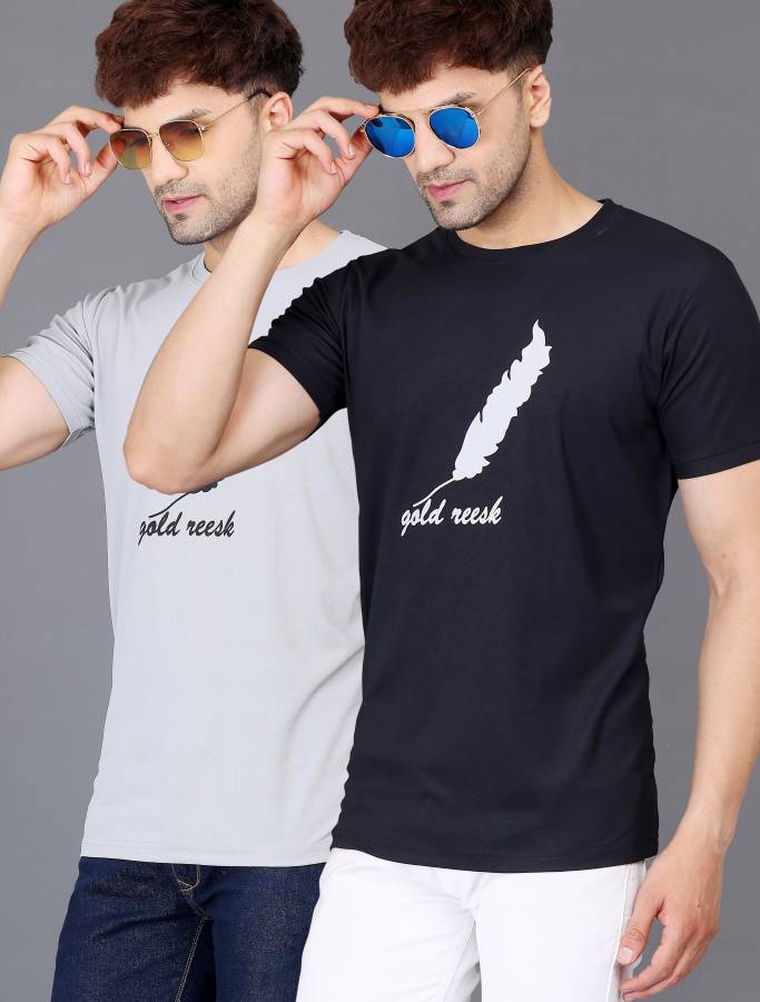 Pack of 2 Men Printed Round Neck Multicolor T-Shirt Price in India