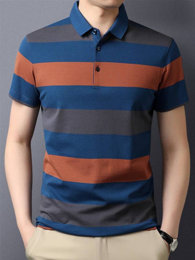 Striped Men Polo Neck Blue, Orange, Grey T-Shirt Price in India