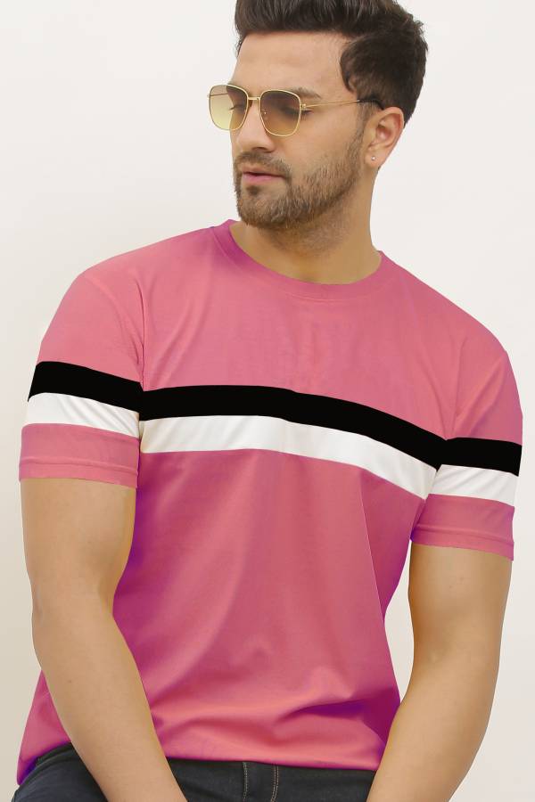 Striped Men Round Neck Pink T-Shirt Price in India