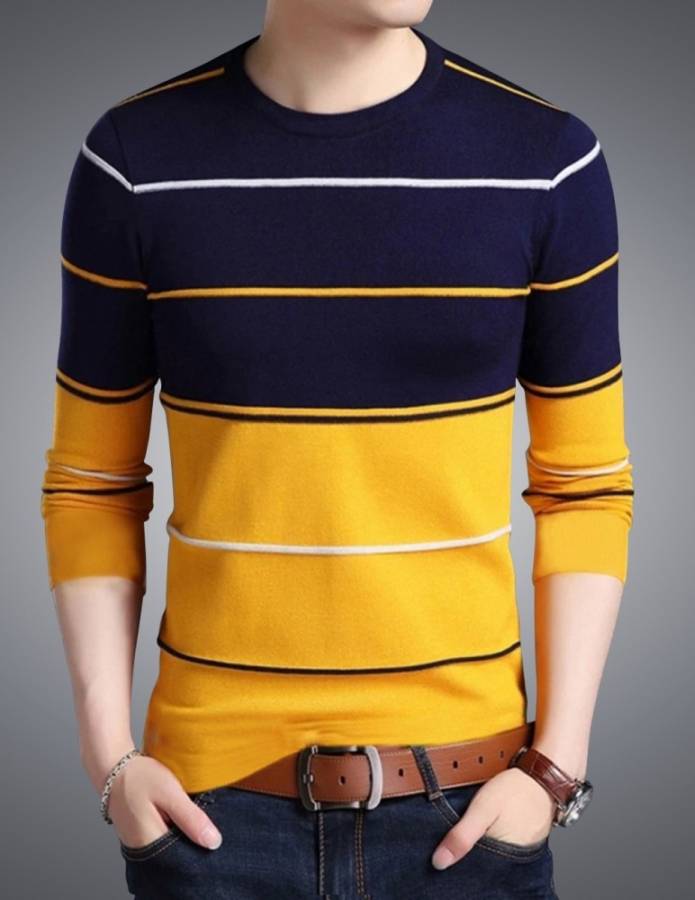 Striped Men Round Neck Yellow T-Shirt Price in India