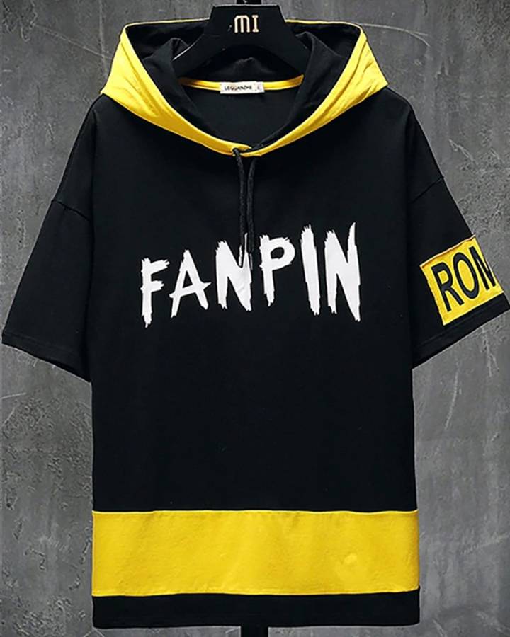 Printed Men Hooded Neck Black, Yellow T-Shirt Price in India