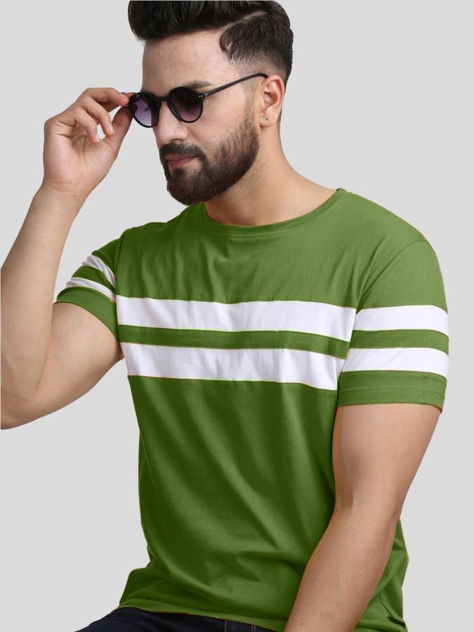 Color Block Men Round Neck Light Green T-Shirt Price in India