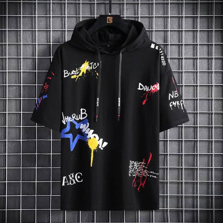 Men Printed Hooded Neck Black T-Shirt Price in India