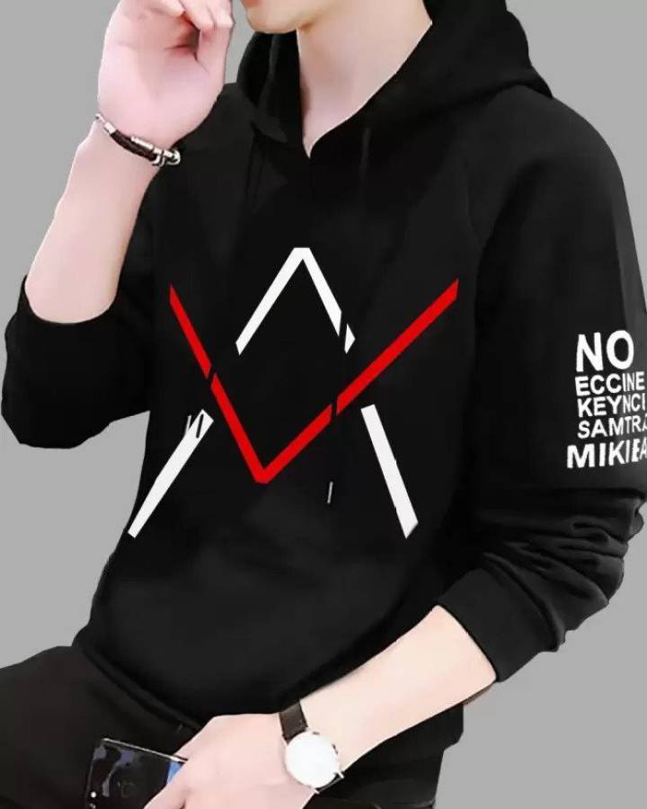 Printed Men Hooded Neck Black T-Shirt Price in India