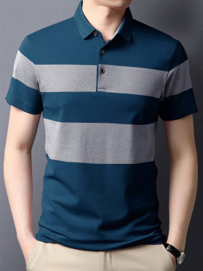 Striped Men Polo Neck Blue T-Shirt Price in India