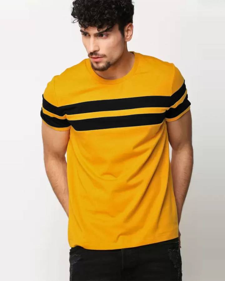 Color Block Men Round Neck Yellow T-Shirt Price in India