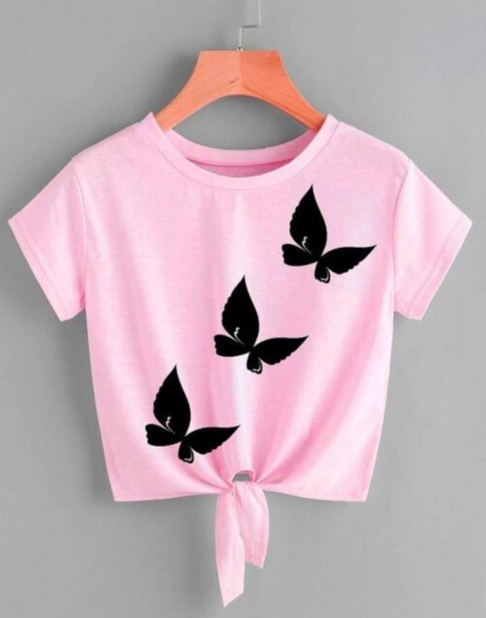 Casual Butterfly Sleeves Printed Women Pink Top Price in India