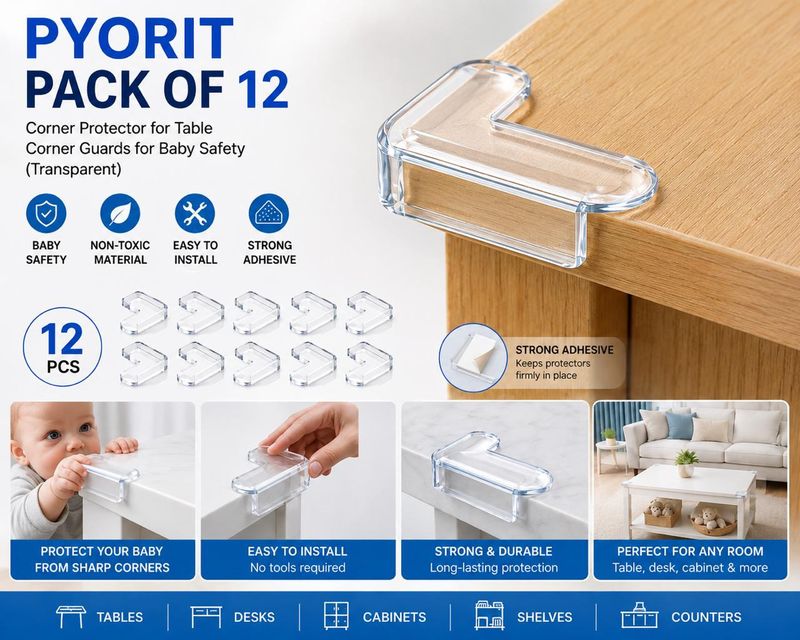 PYORIT Pack of 12 Silicone Corner Protectors | Baby Proofing Edge & Corner Guards (Transparent)