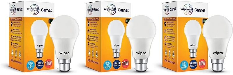 WIPRO 10 W Basic Standard B22 LED Bulb (White, Pack of 3)