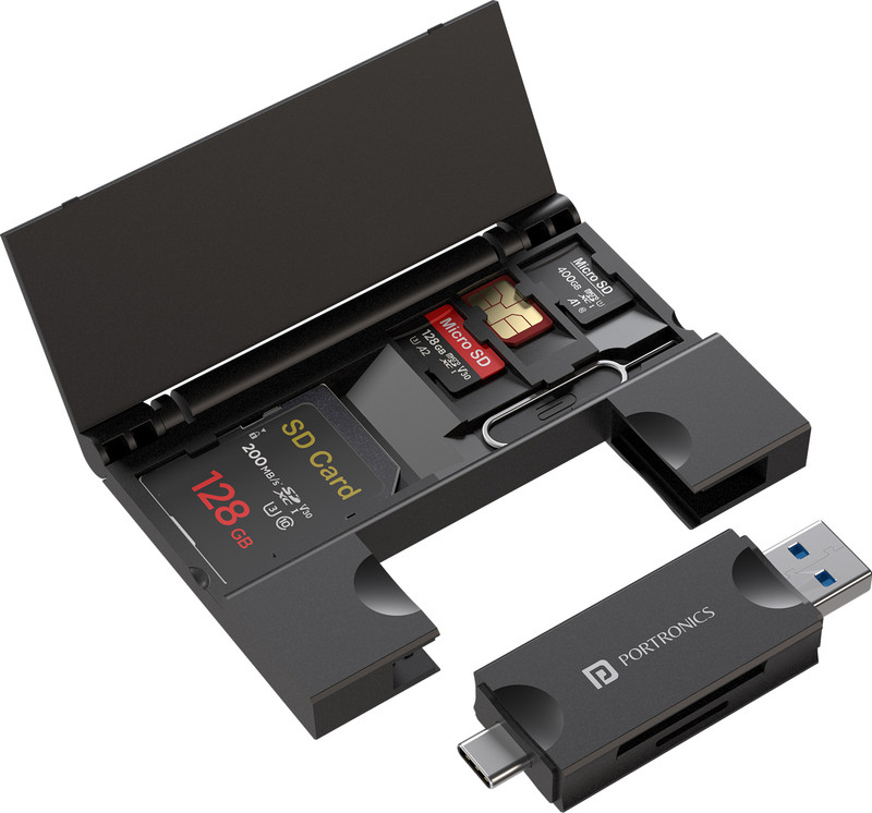portronics mport 30 plus microsd sd card reader usb type c plugs storage case reader