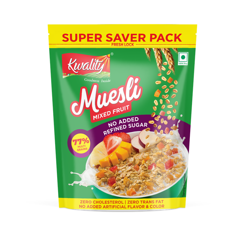 Kwality Muesli Mixed Fruit, 77% Multigrains, No Added Refined Sugar, Breakfast Cereals Pouch (700 g)