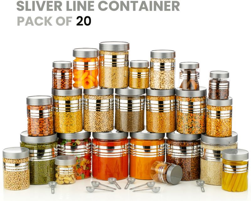 Snowberry Plastic Grocery Container - 1200 ml, 650 ml, 350 ml, 250 ml (Pack of 20, Silver)
