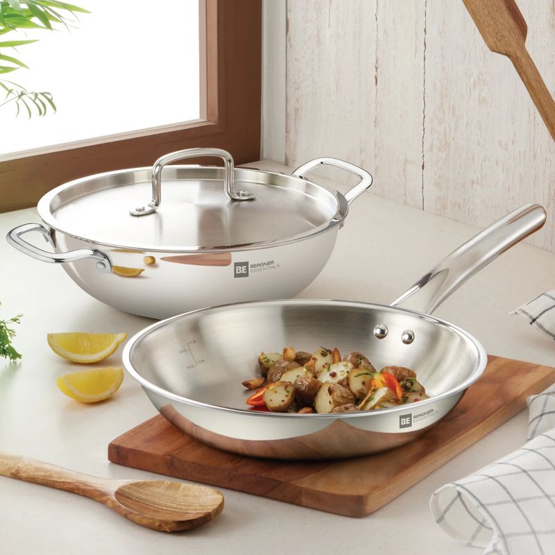 BE Bergner Essentials Triply 22cm (2.5 L) Kadai & 22cm (1 L) Frypan - Induction Bottom Cookware Set (Triply, 3 - Piece)
