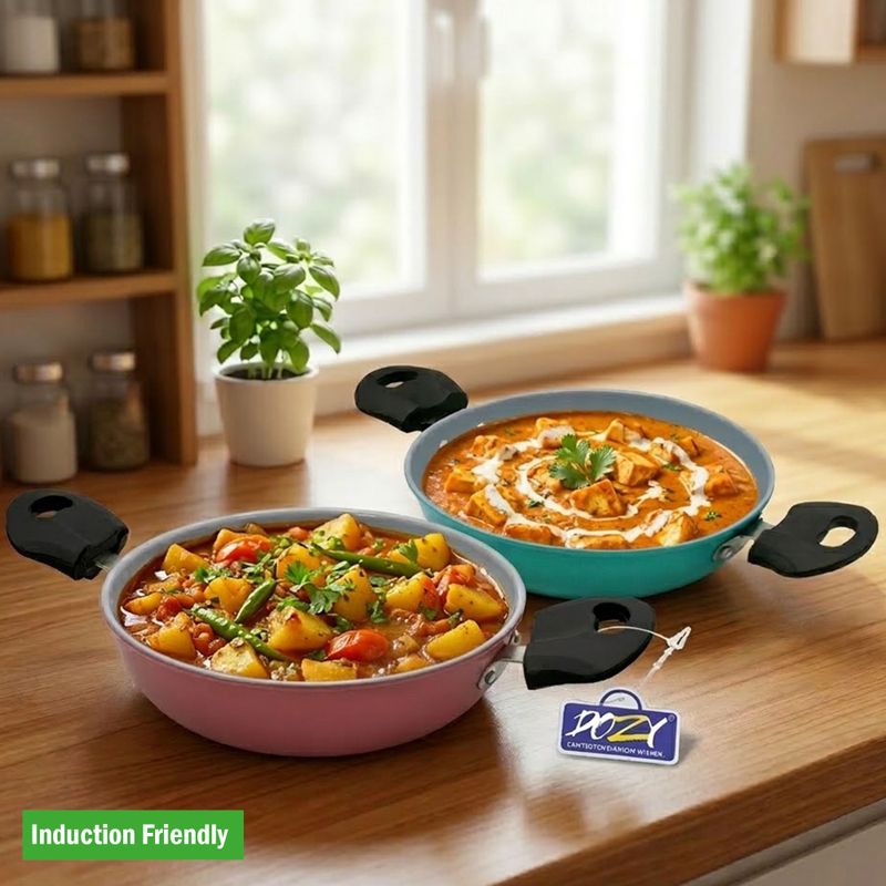 Dozy Premium Non-Stick Kadhai Set(Pack of 2)|21 cm Deep Fry Pans |Easy Clean Cookware Induction Bottom Non-Stick Coated Cookware Set (Steel, 2 - Piece)