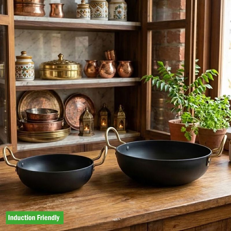 Dozy Iron Deep Kadhai with Stainless Steel Handles Induction Bottom Non-Stick Coated Cookware Set (Iron, 2 - Piece)