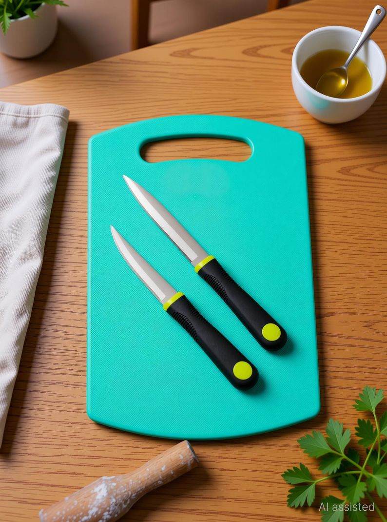 OMORTEX Chopping Board and Two Sharp Kitchen Knife Combo Plastic Cutting Board (Multicolor Pack of 3 Dishwasher Safe)