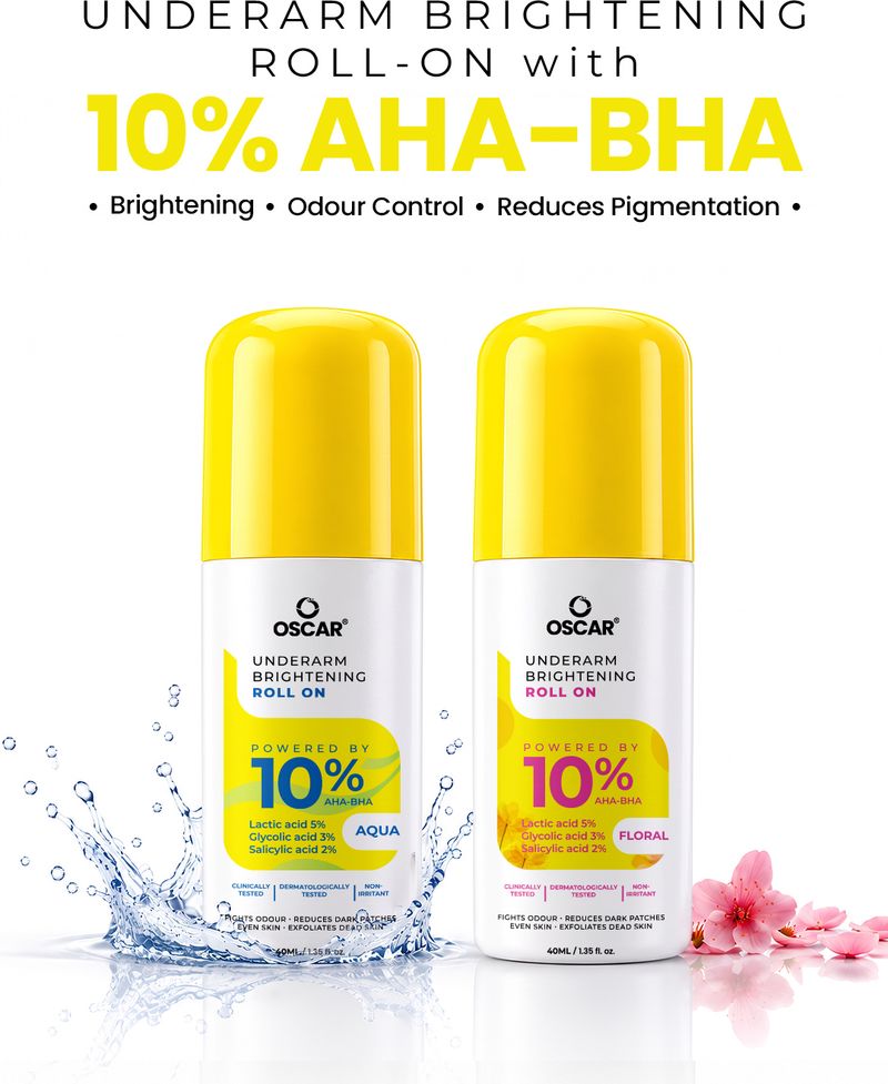 OSCAR 10% AHA BHA Underarm Roll-On | Reduces Pigmentation & Odour, Aqua & Floral Deodorant Roll-on - For Men & Women (40 ml, Pack of 2)