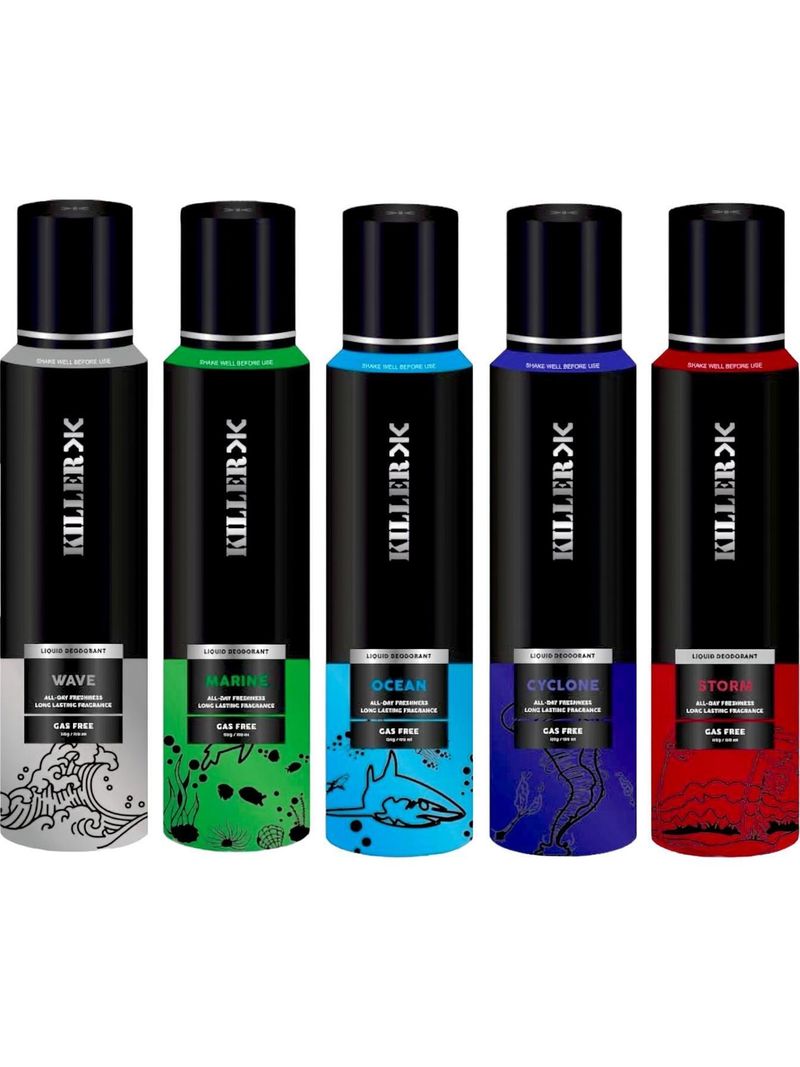 KILLER Wave, Storm, Marine, Cyclone, Ocean No Gas Deodorant Body Spray - For Men & Women (750 ml, Pack of 5)