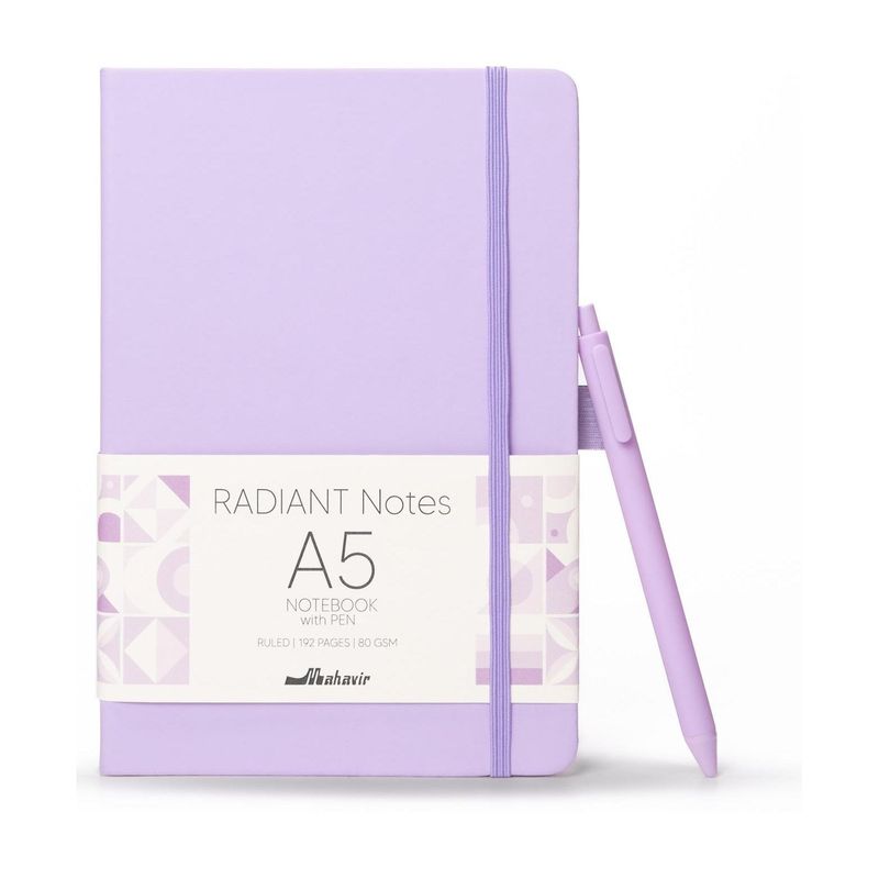 MAHAVIR Radiant Notes with Pen A5 Notebook Ruled 192 Pages (Lilac)
