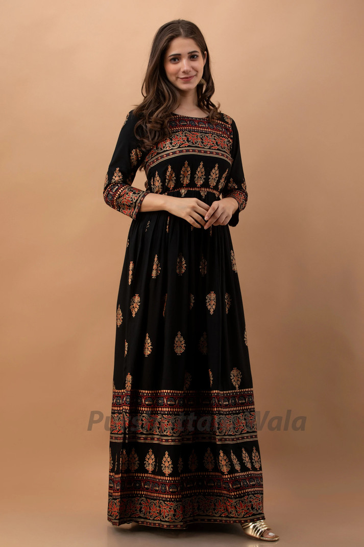 PURSHOTTAM WALA Women Fit and Flare Black Ankle Length Dress
