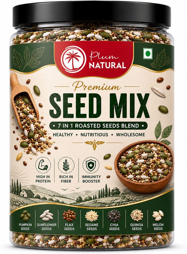Plum Natural Roasted Premium 7 In 1 Seeds Mix Immunity Booster Weight Loss Healthy Snack Brown Flax Seeds, Chia Seeds, Pumpkin Seeds, Sesame Seeds, Sunflower Seeds, Sweet Basil Seeds, Watermelon Seeds (1 kg)