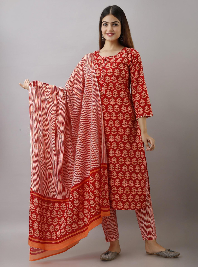 his and her Women Pure Cotton Kurta Pant Dupatta Set Red