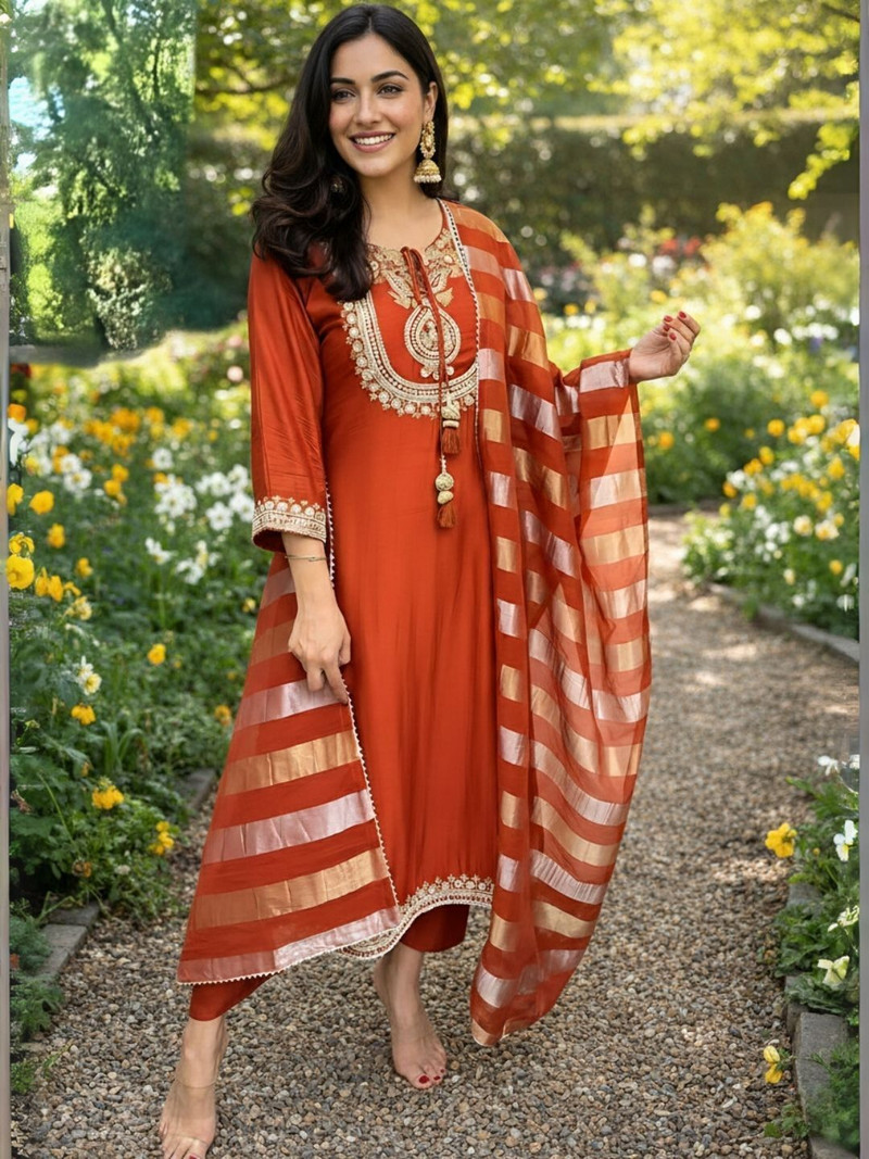 RUTABO Women Cotton Silk Kurta Pant Dupatta Set Rust