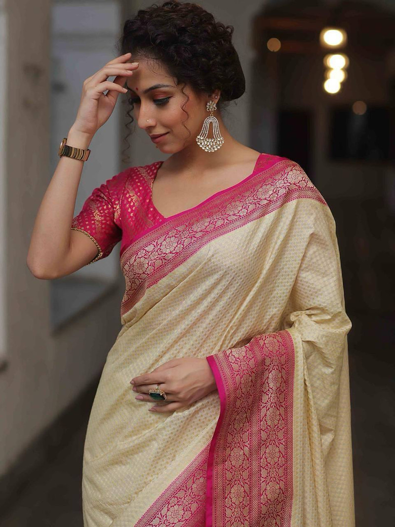 flogiri Woven Banarasi Silk Blend Saree Cream