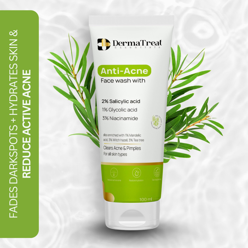 DermaTreat Essentials Anti Acne With 2% Salicylic Acid, 1% Glycolic Acid & 3% Niacinamide for Active Acne, Pigmentation & Even Tone Skin Face Wash 100