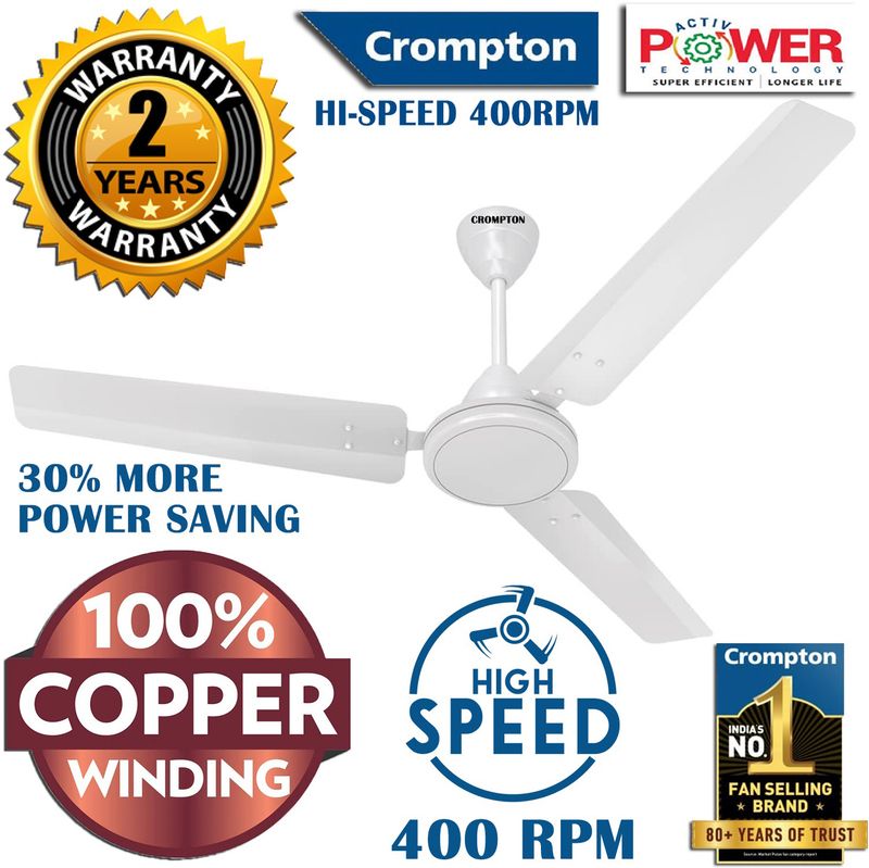 Crompton Ultra Hi Speed 400 rpm 46 watts 48 1Z/2026 Energy Efficient 100% Copper16 with 24 Months Warranty Energy Saving 1200 mm Ceiling Fan (1 Star | OPAL White ULTRA HI SPEED 400 RPM 100% Copper POWER SAVER 46 watts41 | Pack of 1)