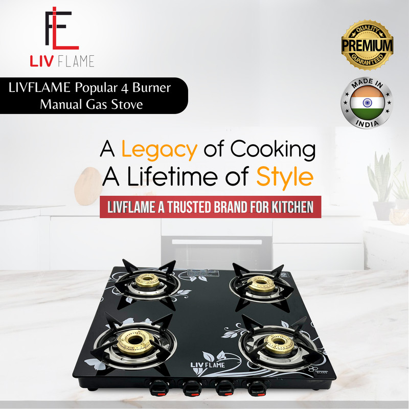 LIVFLAME Popular Cute Blkd Toughened Glass Gas stove(Manual,Black) Glass Manual Gas Stove 4 Burners
