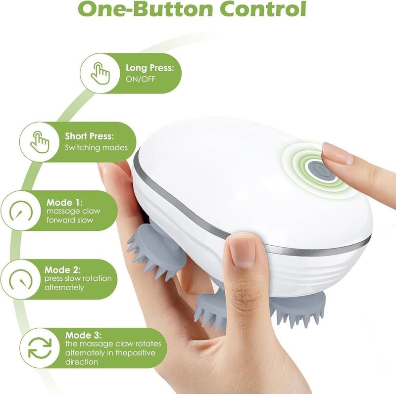 Exact retailer graphic showing one-button control and three massage modes on the electric scalp massager