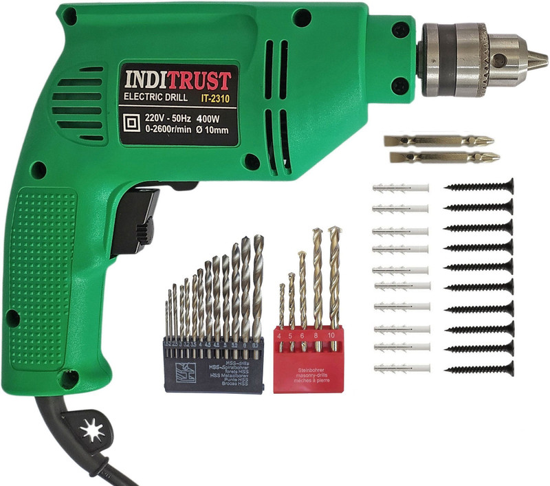 inditrust 3 month warranty 400w 10mm reversible electric drill machine 13pcs hss bit 5 pcs masonry 2pc ph2 bt 10pc gitti 10pc screw pistol grip