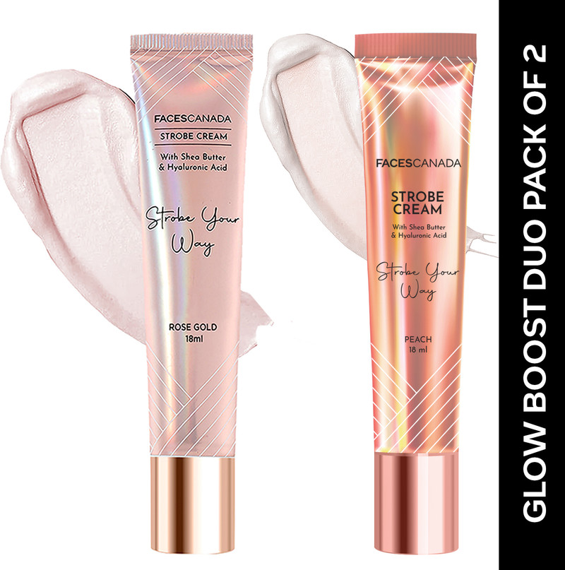 FACES CANADA Glow Boost Duo: Strobe Cream Mini,18ml x 2| Illuminating Primer + Moisturizer + Highlighter 36 ml, Rose Gold & Peach
