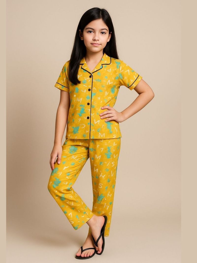 BUTRU Girls Printed Cotton Blend Kids Nightwear (Yellow Pack of 1)
