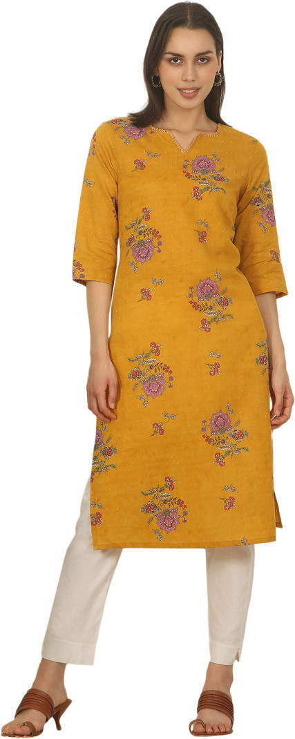 W Floral Print Pure Cotton Straight Kurta Women Yellow