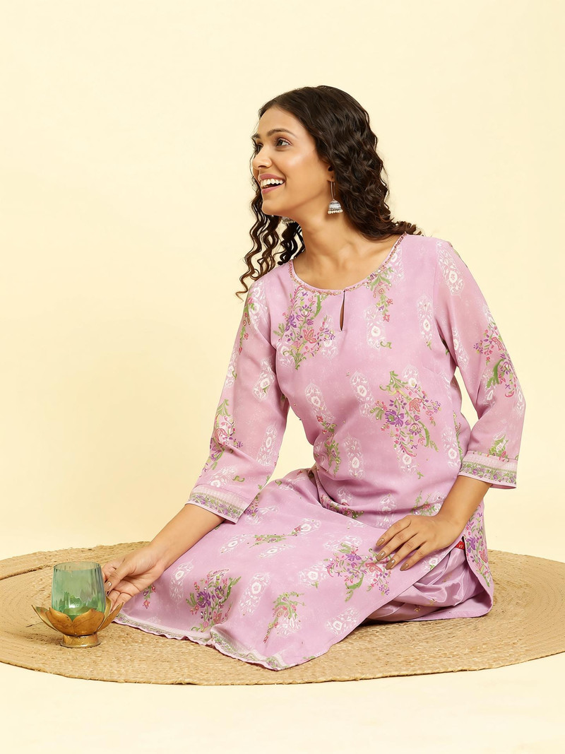 W Floral Print Polyester Straight Kurta Women Multicolor