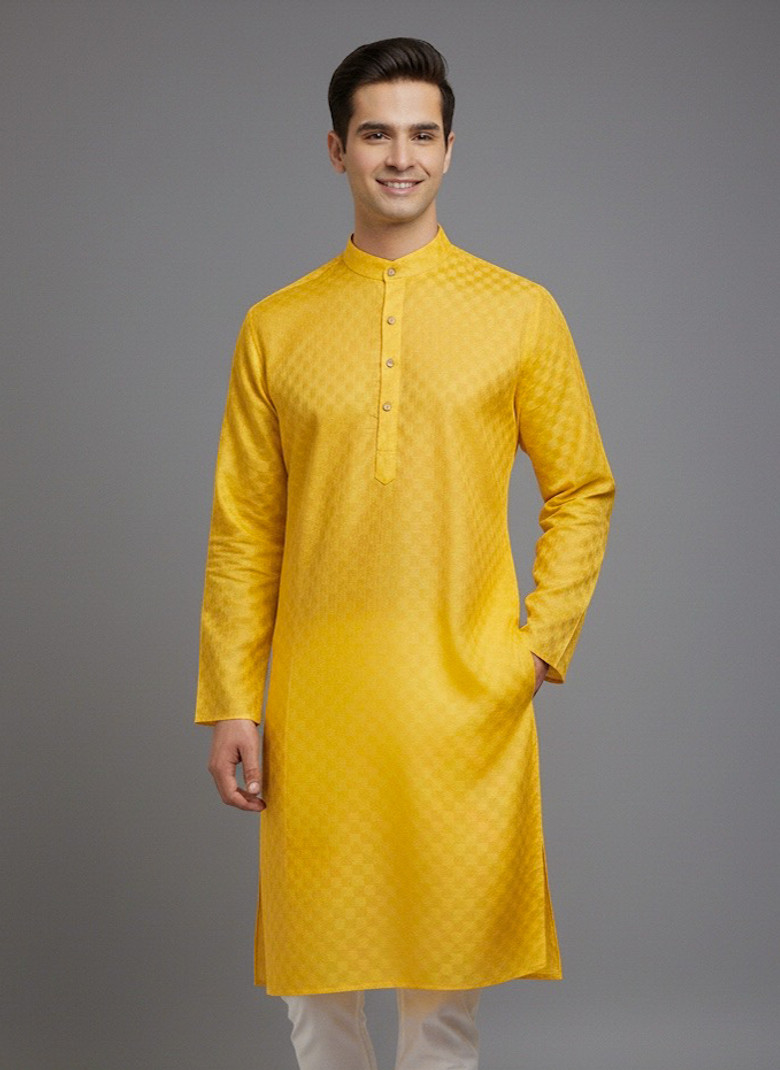 Tibra Collection Solid Cotton Blend Straight Kurta Men Yellow