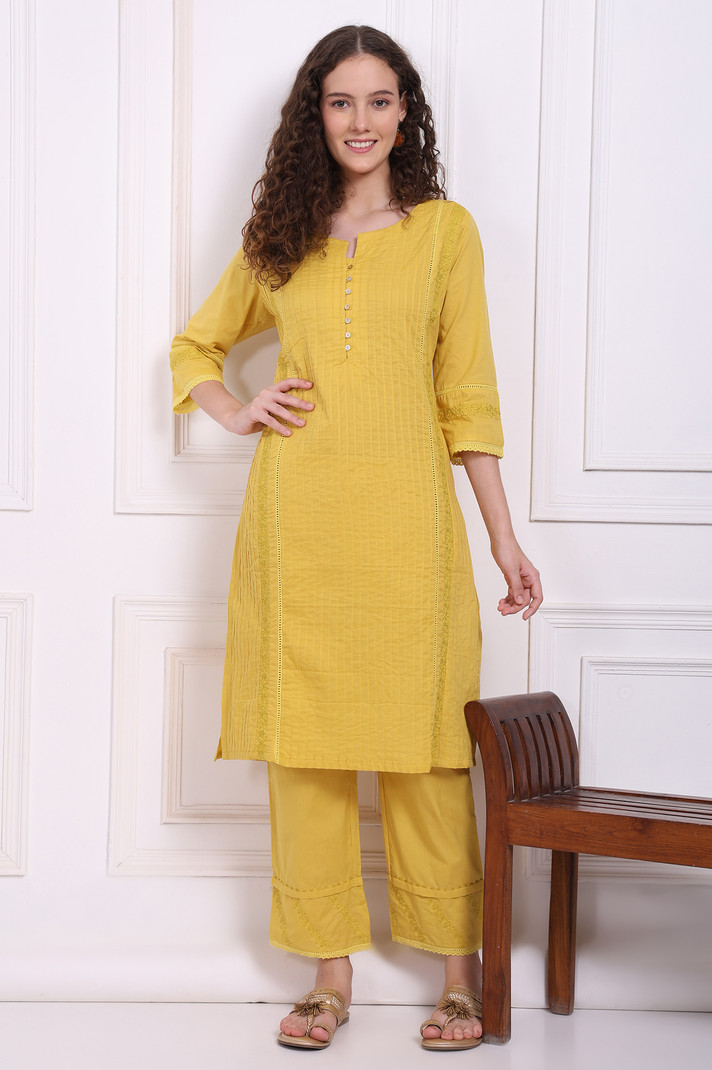W Pack of 2 Solid Pure Cotton Straight Kurta Women Yellow